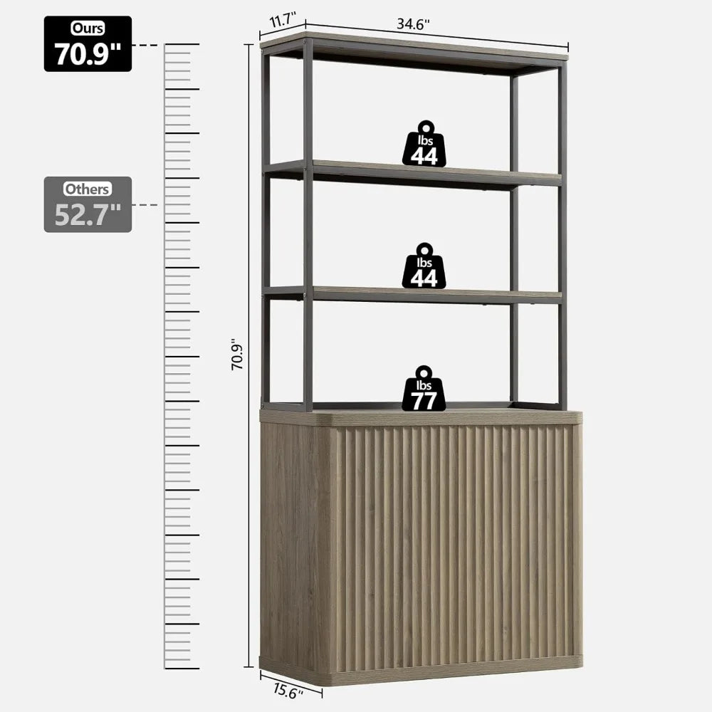 Book Shelf Fluted Bookshelf Tall Bookcase with Doors Storage 5 Tier Mid Century Modern Bookshelves for Library (1 or 2 PCS), Bookcases