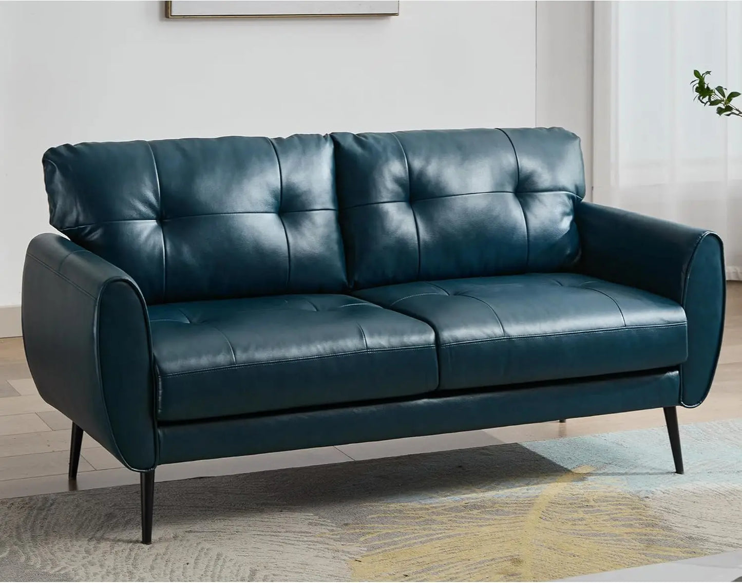 Living Room Sofa Couch 61" Small Loveseat Couches for Living Room Blue Leather Couch Mid Century Modern Tufted Mini Sofa Comfy Office 2 Seat