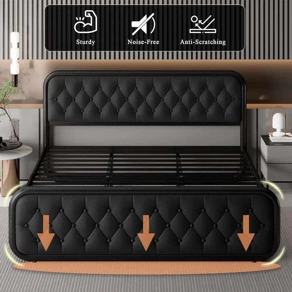 Bed Frame Heavy Duty King Size or Queen Size or Full Size Bed Frame With Faux Leather Headboard Bedroom Furniture 12" Under-Bed Storage Black