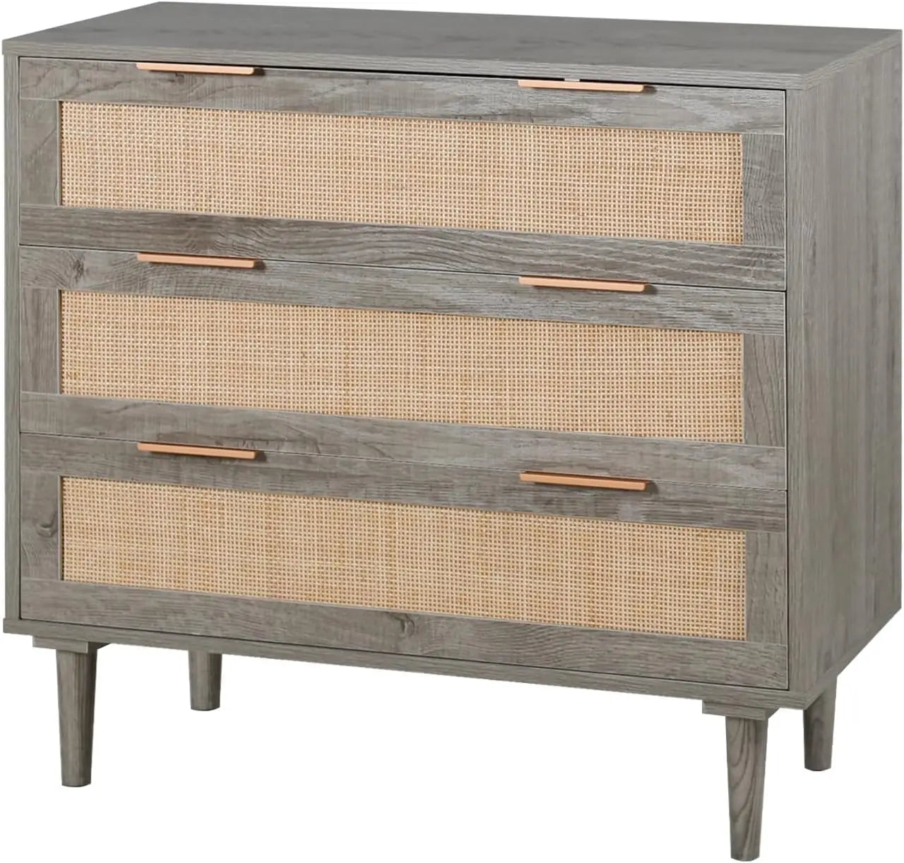 Large Nightstand Rattan Drawer, Modern 3 Drawer Night Stand Bedroom, Bedside Table, Grey