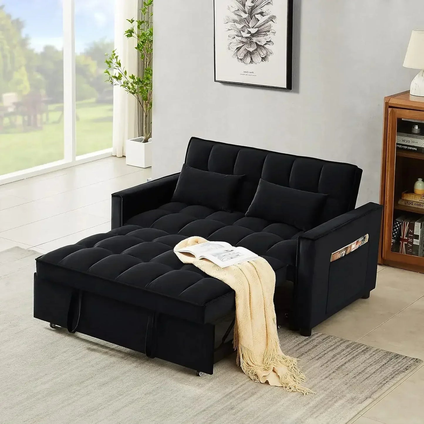 Living Room Modern Velvet Couch w/Pullout Bed, Small Love Seat Lounge Sofa w/Reclining Backrest, Toss Pillows, Pockets, Furniture