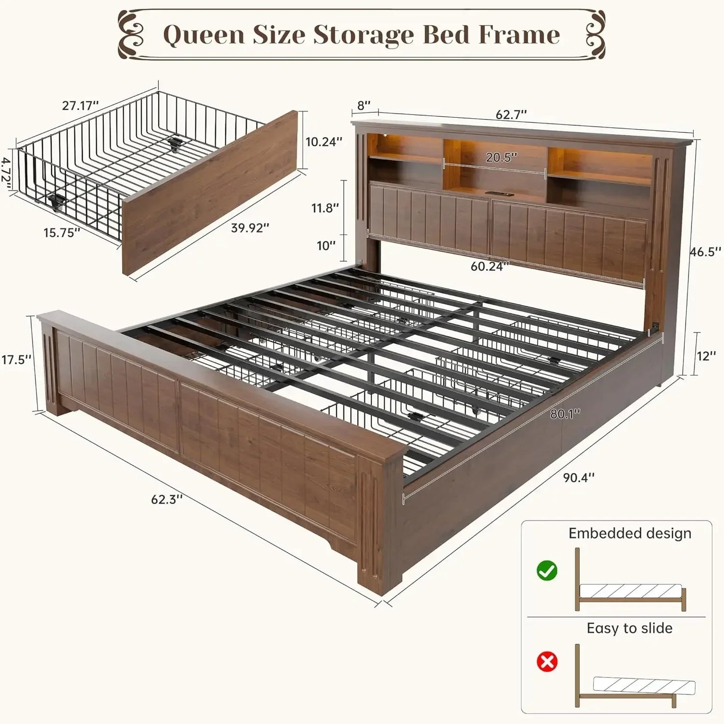 Bed Frame Queen Size with 4 Storage Drawers LED Queen Bed Frame with Headboard Bed Frame Queen Size Built in Charging Station