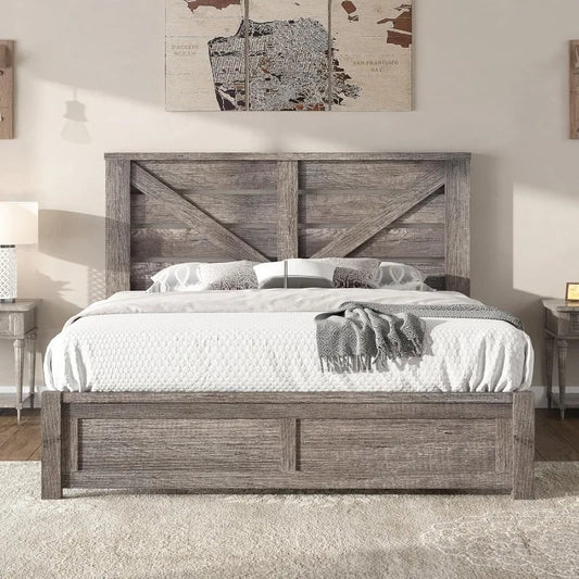 Bed Frame Farmhouse Queen Size with 49.2" Barn Door Headboard Platform Bed Frame with Wood Slats Under Bed Storage Space