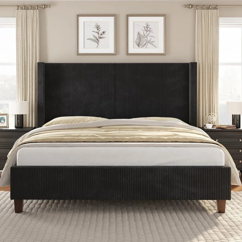 Bed Frame Platform 50.8 King Size Corduroy Upholstered Bed with Vertical Channel Tufted Headboard Wooden Slats Wingback Black