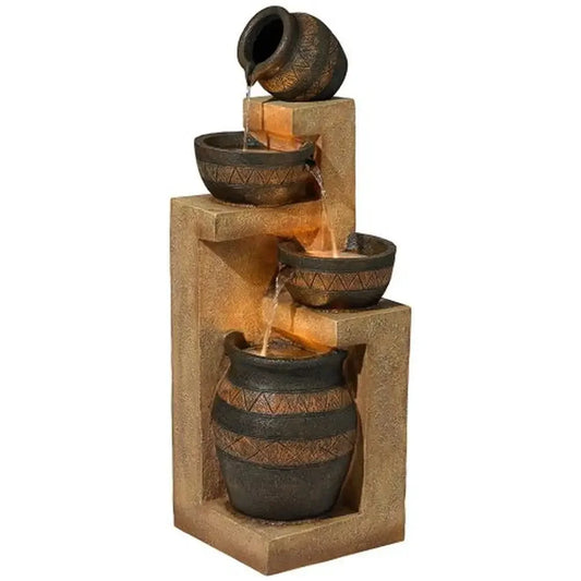 Rustic Stoneware Bowl & Jar Outdoor Water Fountain 46" High LED Light Cascading Garden Patio Backyard Lawn Southwest Style