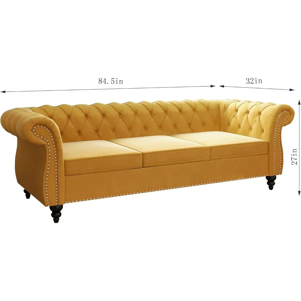 Living Room Accent Large Sofa, Chesterfield Couch 3-Seater Modern Velvet Couch Upholstered Sofa with Tufted Back for Living Room Furniture