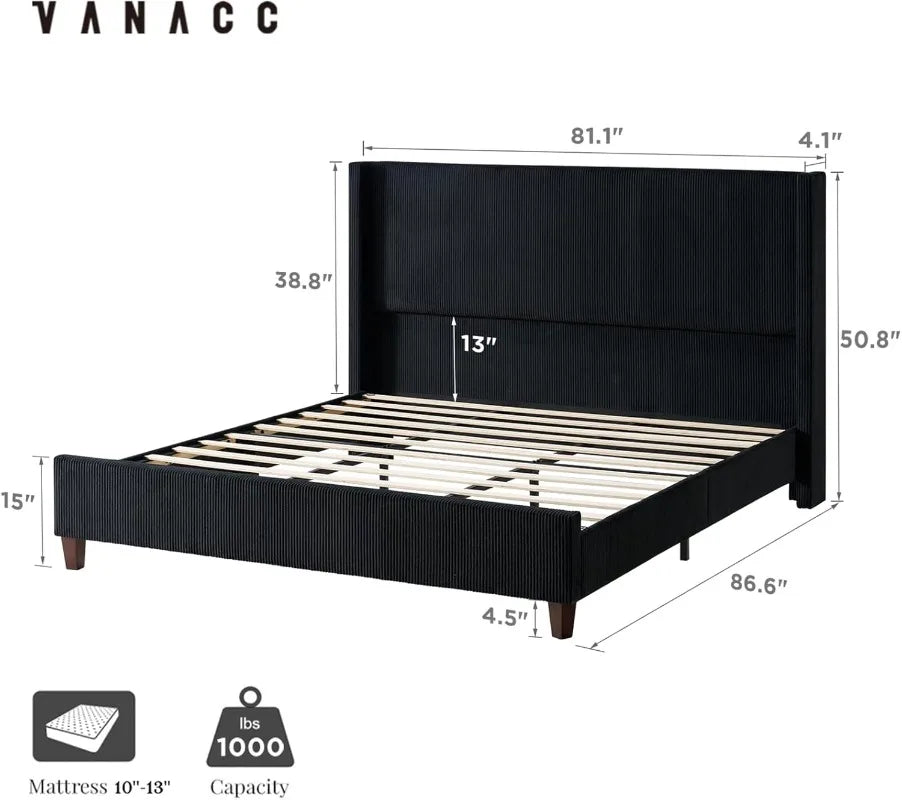 Bed Frame Platform 50.8 King Size Corduroy Upholstered Bed with Vertical Channel Tufted Headboard Wooden Slats Wingback Black