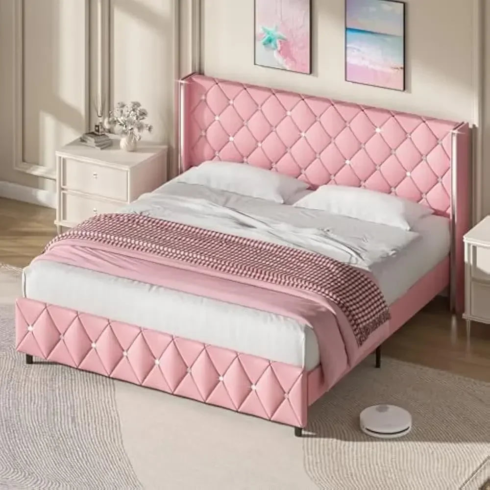 Bed Frame King Size or Queen Size or Full Size with Wingback, Upholstered Beds Frames with Diamond Tufted Headboard and Footboard, No Box Spring Needed