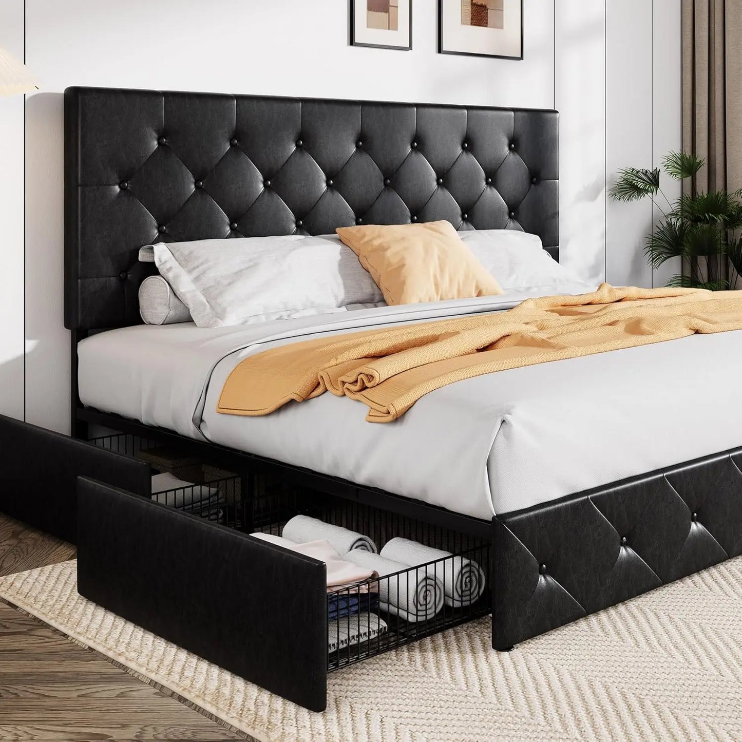 Bed Frame Black Metal King Size Faux Leather Platform with 4 Drawers, Adjustable Headboard, No Box Spring Needed