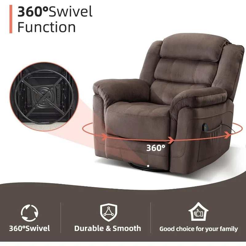 Chair Swivel Rocker Recliner with Massage and Heat, 360° Swivel Recliner Chairs for Adults Recliner, Overstuffed Backrest and Seat