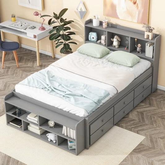 Bed Frame Wood Full Size with Storage, Bookcase Headboard, Platform Bed with 6 Storage Drawers, with Cabinet