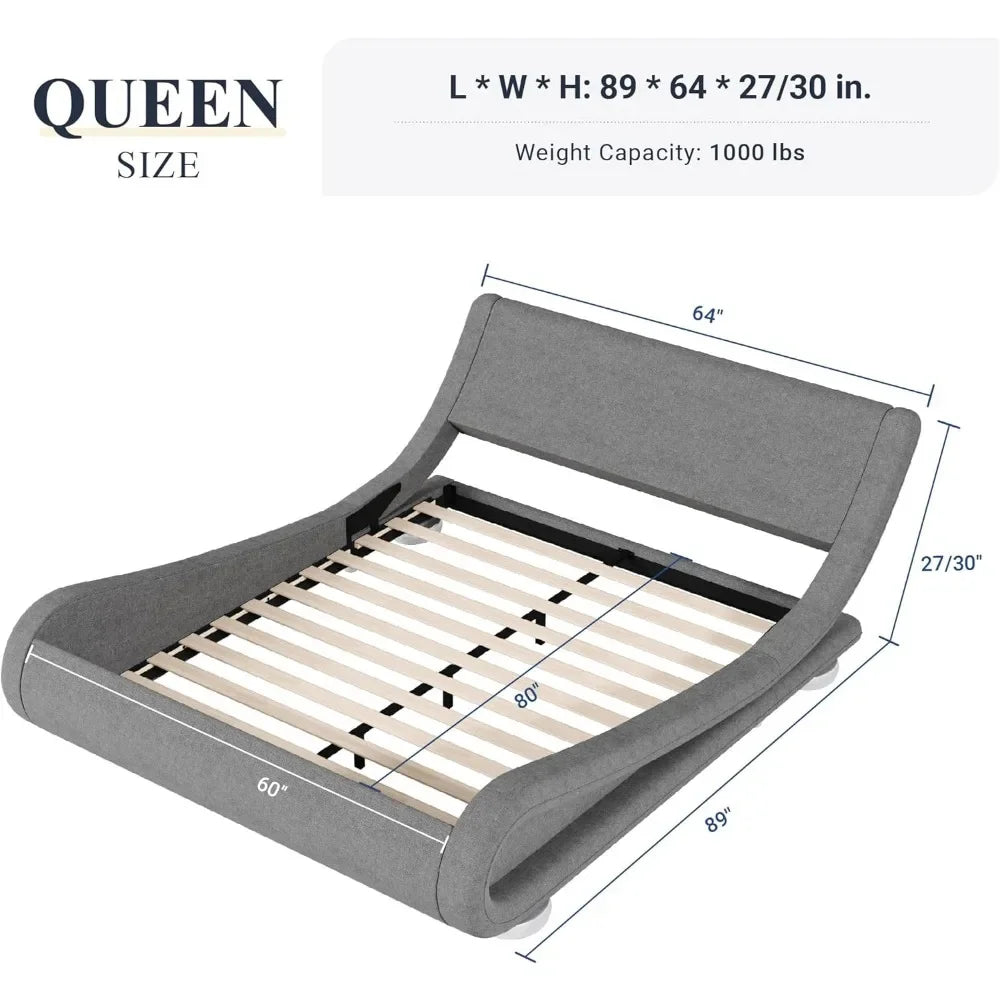 Bed Frame Queen Size with Ergonomic & Adjustable Headboard, Low Profile Modern Upholstered Platform Sleigh Design - Easy Assembly