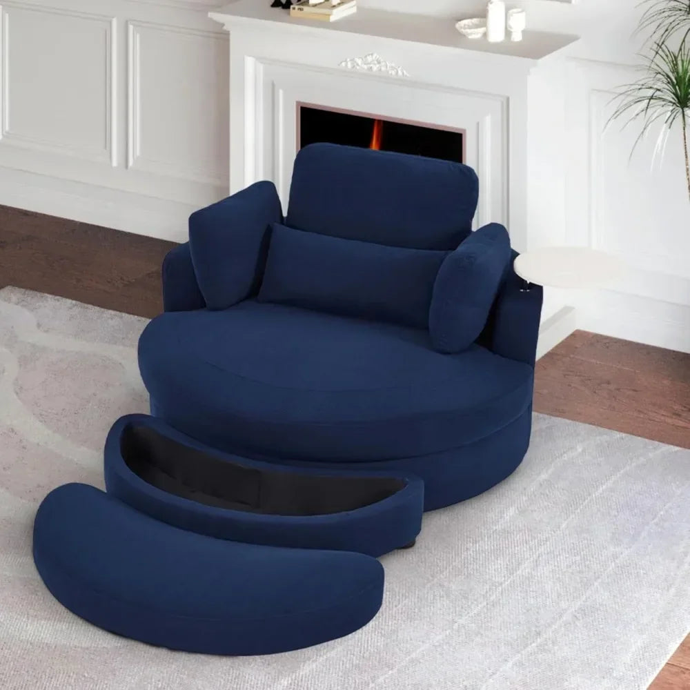 Chair Oversize Swivel Accent Chair with Armrest Tray, Round Barrel Chair with Ottoman for Living Room and Bedroom, Corduroy Fabric