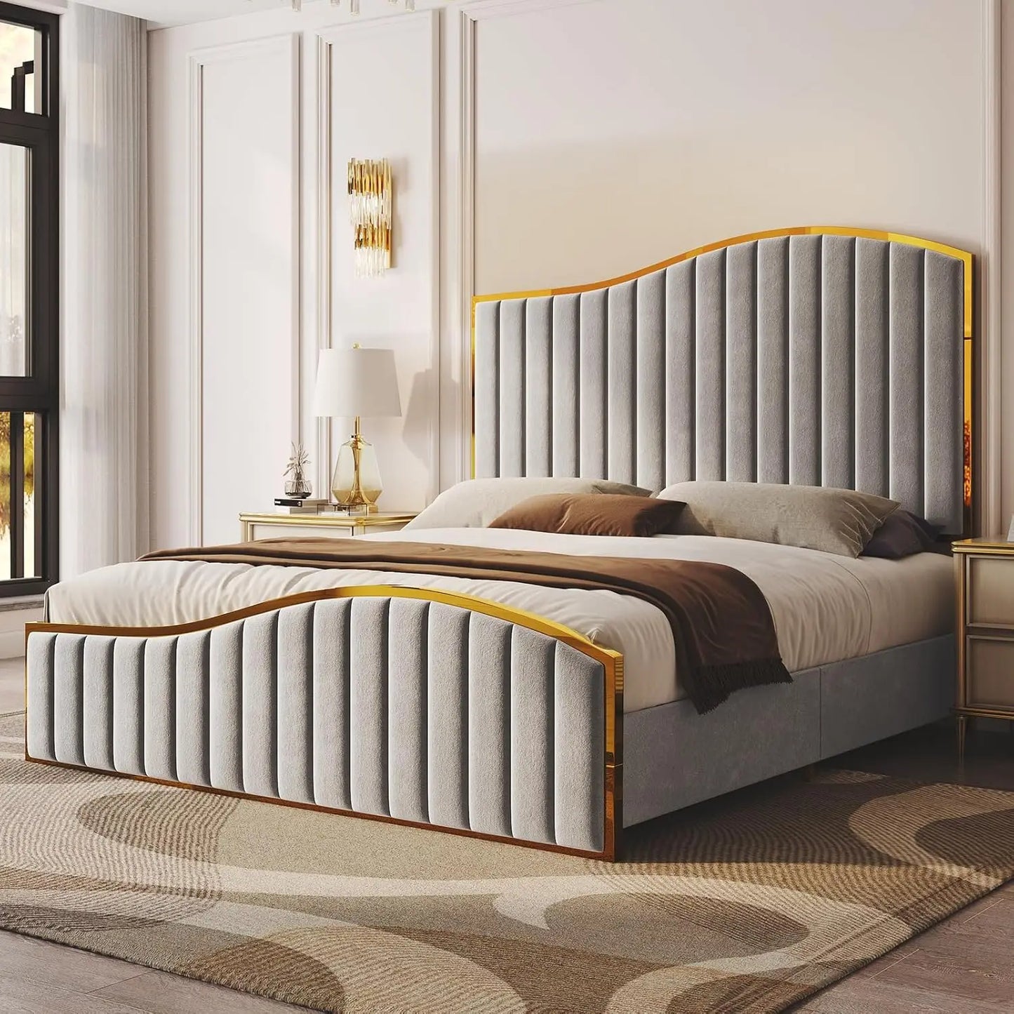 Bed Frame Bedstead Queen Size or King Size, 61.4" High Headboard Platform Bed Velvet Upholstered with Gold Trim/No Box Spring Required/Black