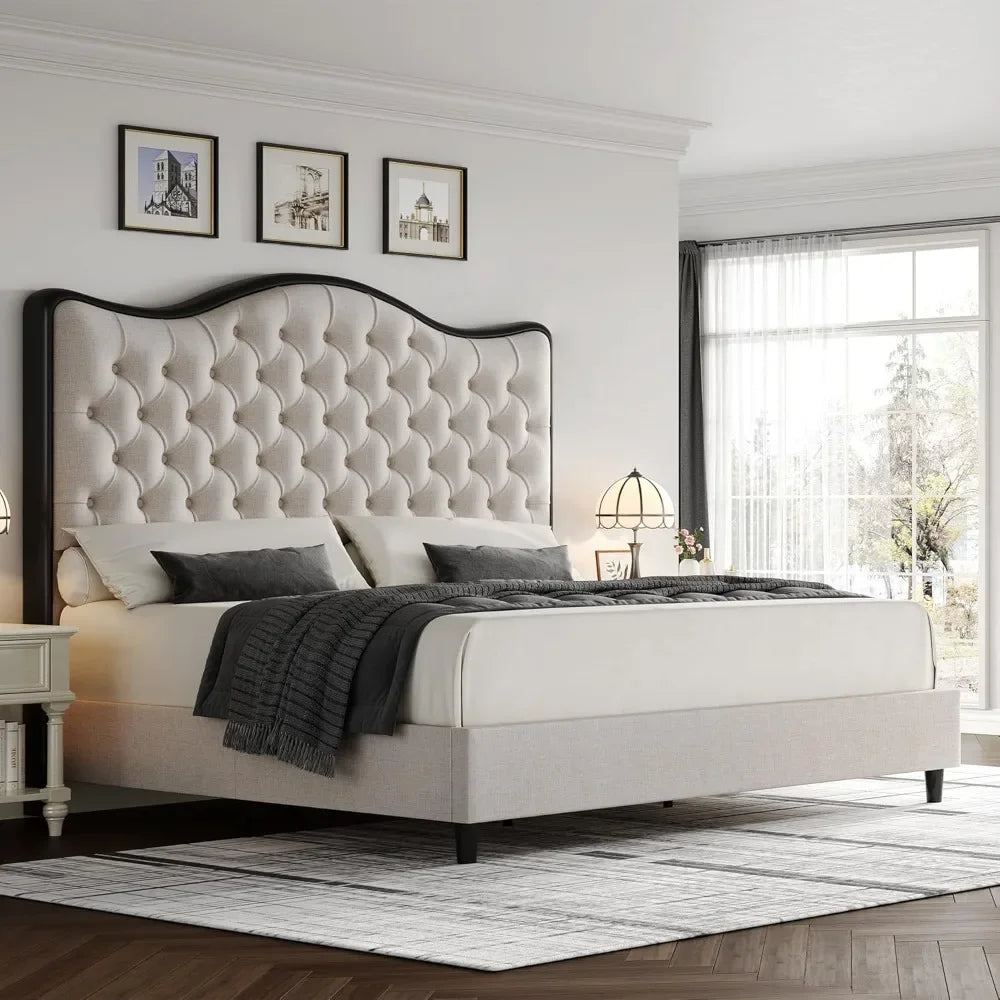 Platform Bed Frame Queen Size with 55" Tall Curved Headboard, Linen Modern Upholstered Bed Frame with Deep Tufted Button