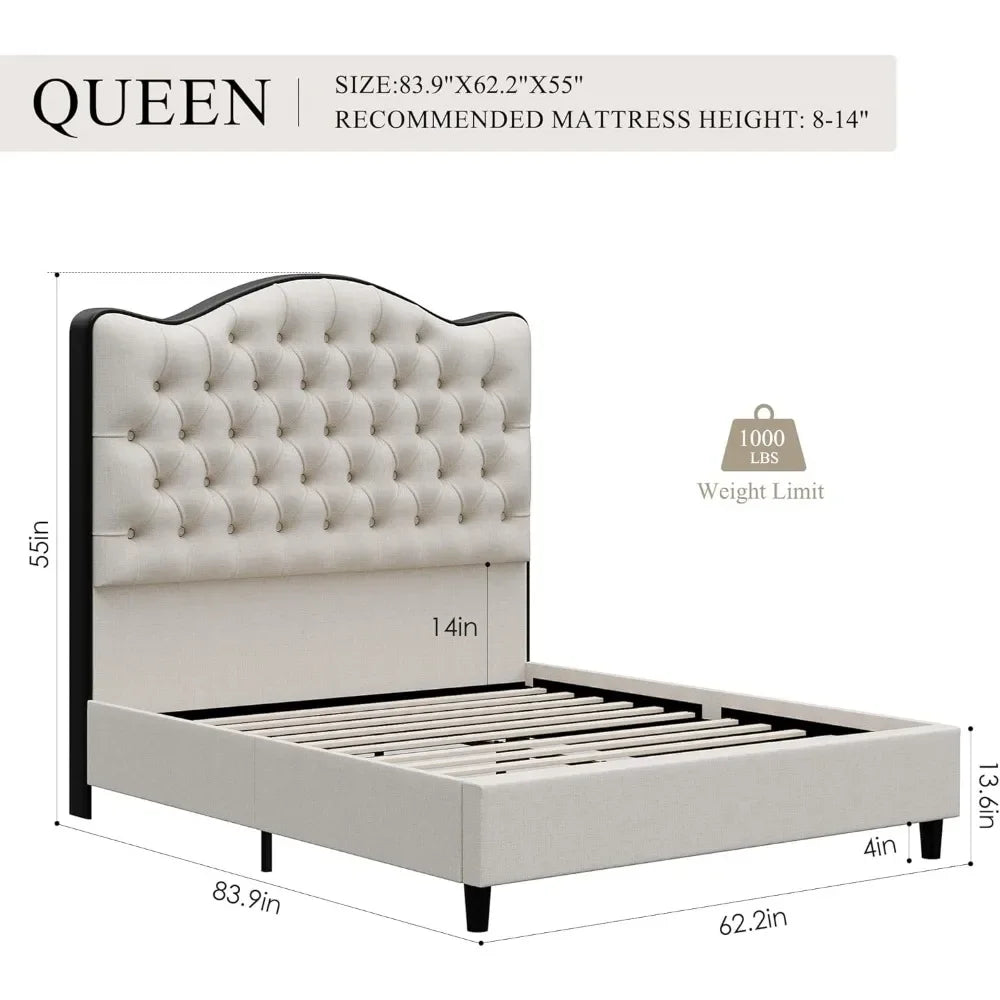 Platform Bed Frame Queen Size with 55" Tall Curved Headboard, Linen Modern Upholstered Bed Frame with Deep Tufted Button