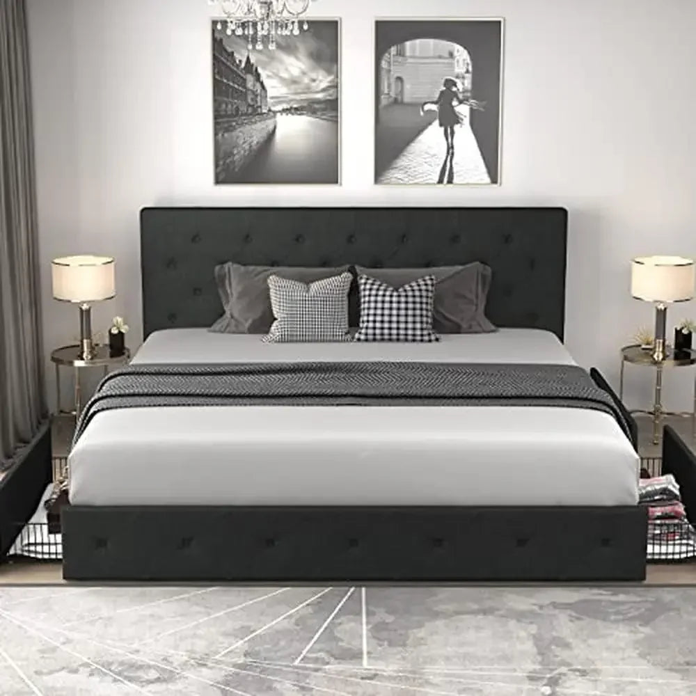 Bed Frame King Size Upholstered Platform with 4 Storage Drawers and Adjustable Headboard Modern Diamond Stitched Button-Tufted