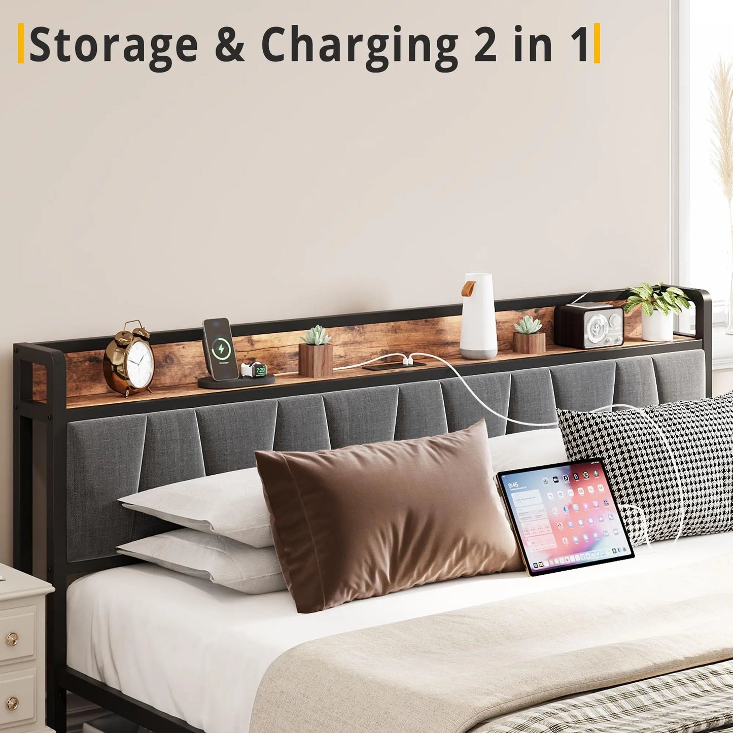 Bed Frame California King Size or Queen Size or Full Size , Storage Headboard with Charging Station, Platform Bed with Drawers