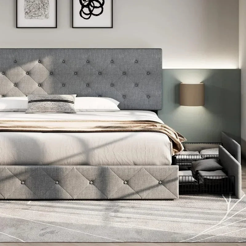 Bed Frame Upholstered King Size Platform with 4 Storage Drawers and Headboard Diamond Stitched Button Tufted No Box Spring Needed Grey