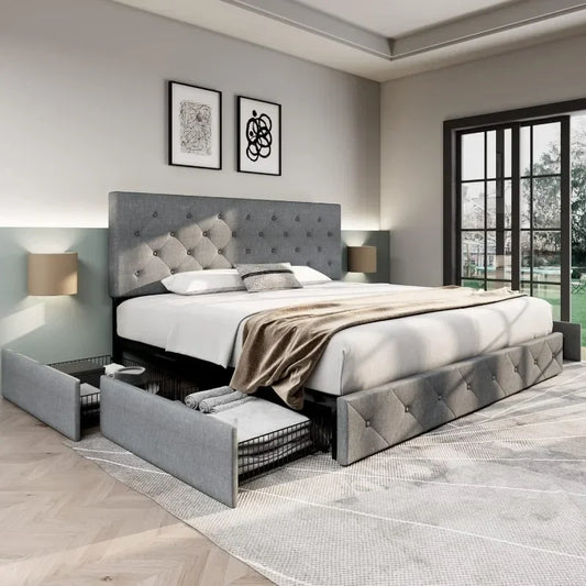 Bed Frame Upholstered King Size Platform with 4 Storage Drawers and Headboard Diamond Stitched Button Tufted No Box Spring Needed Grey