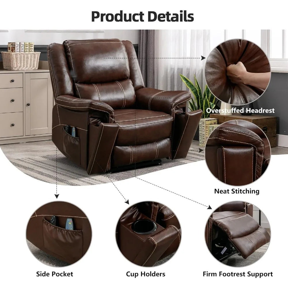 Chair Large Genuine Leather Power Lift Recliner Chair for Elderly, Lay Flat Dual Motor Recliner with Massage and Heated, Electric Lift Chair