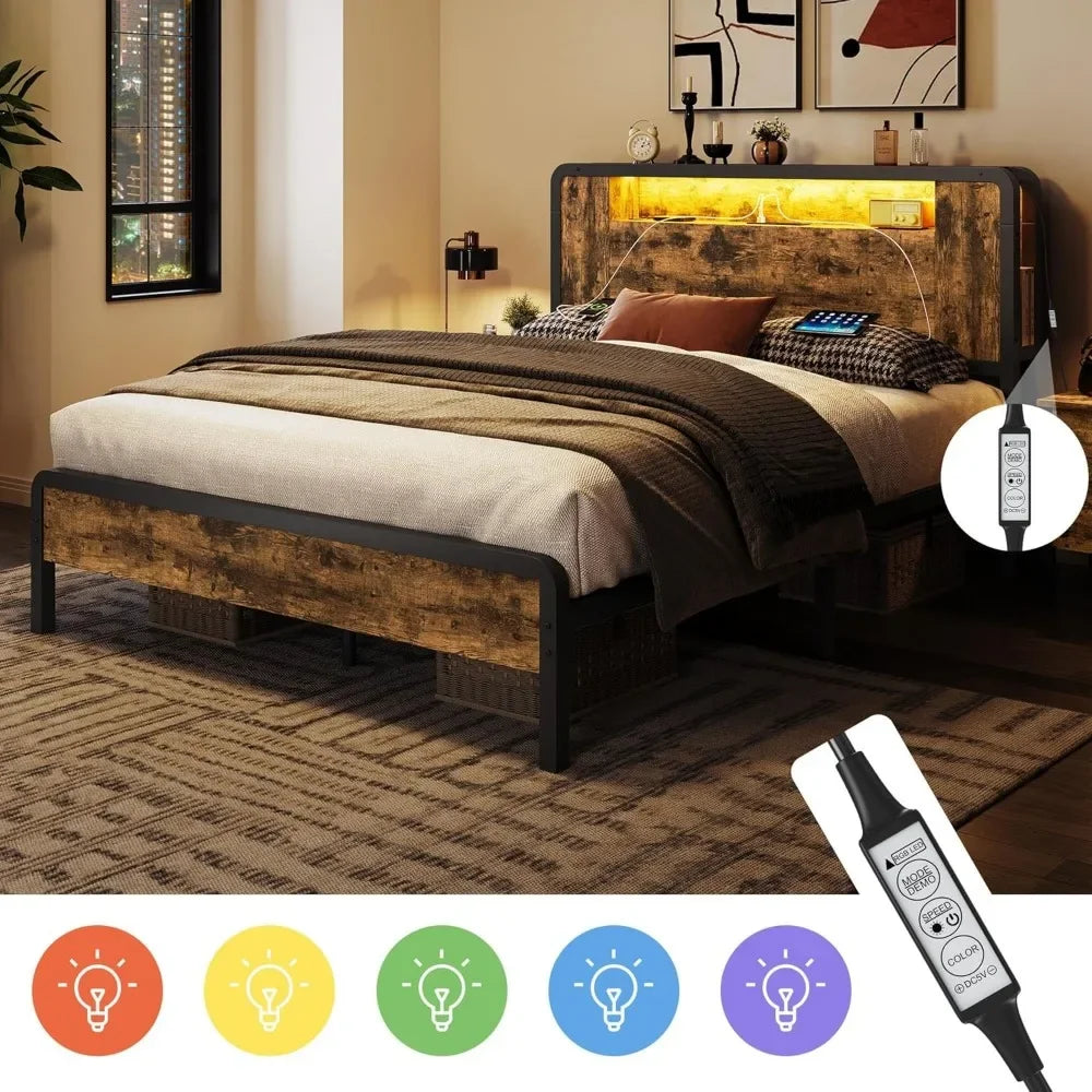 Bed Frame Queen Size or Full Size Bed with Wooden Headboard/Footboard, Storage Space and Adjustable LED Light, Mattress Foundation