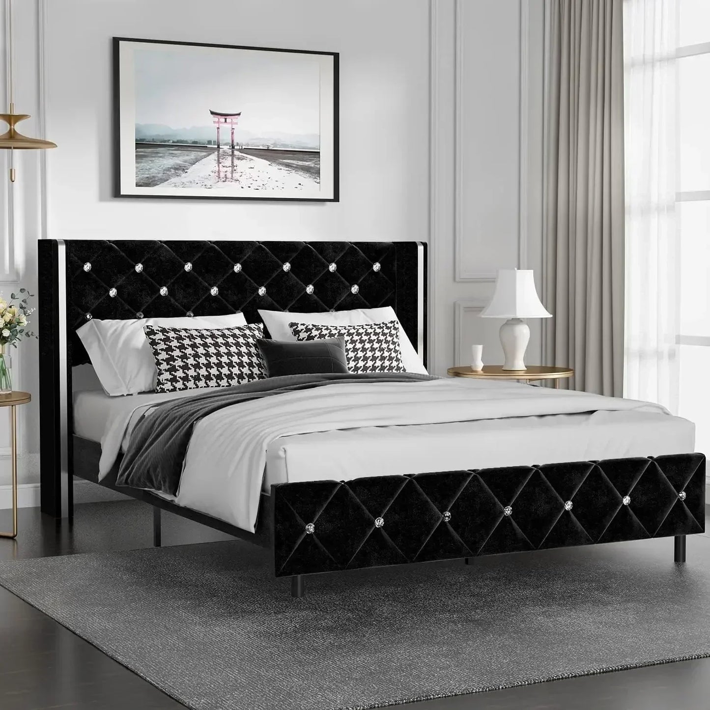 Bed Frame King Size or Queen Size or Full Size with Wingback, Upholstered Beds Frames with Diamond Tufted Headboard and Footboard, No Box Spring Needed