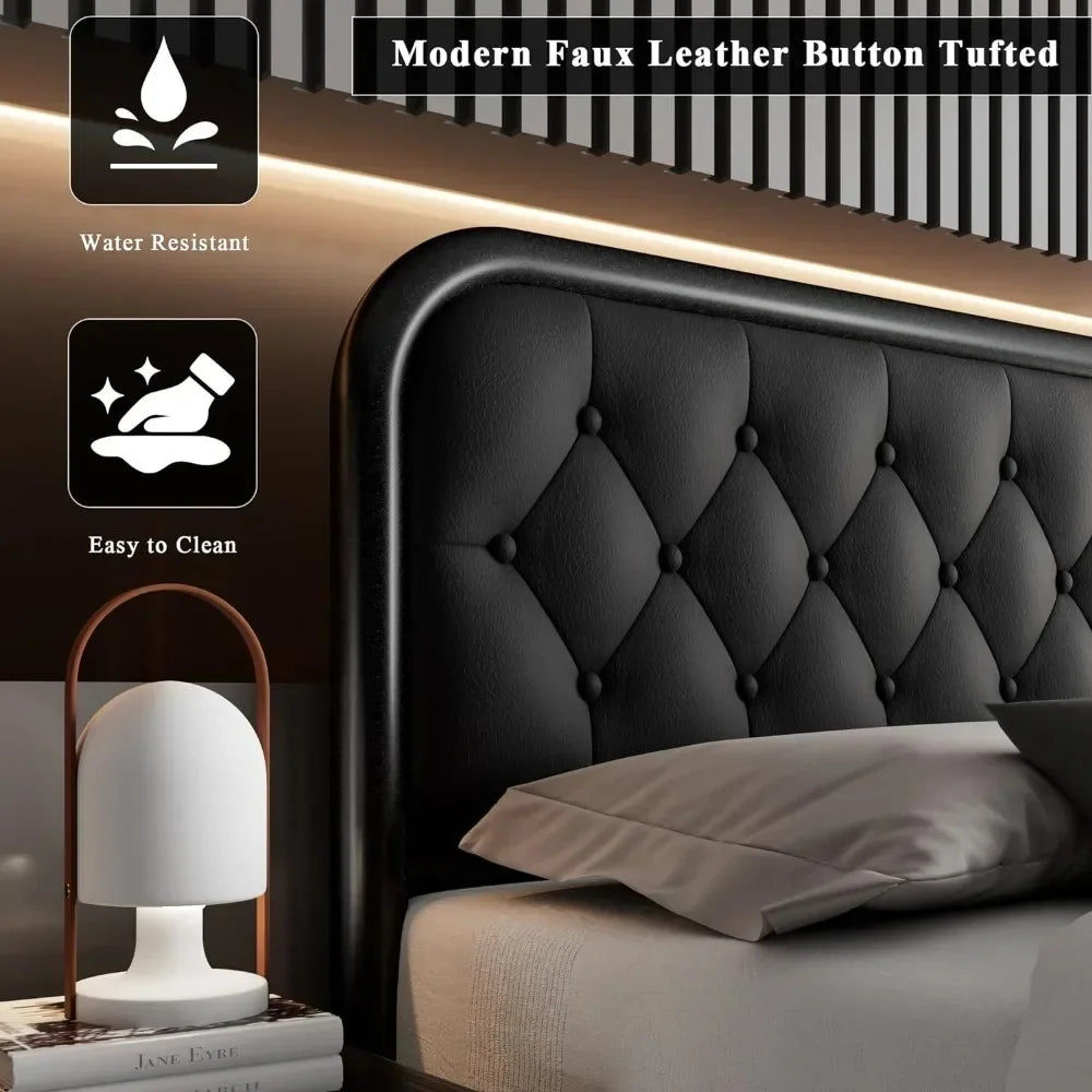 Bed Frame Heavy Duty King Size or Queen Size or Full Size Bed Frame With Faux Leather Headboard Bedroom Furniture 12" Under-Bed Storage Black