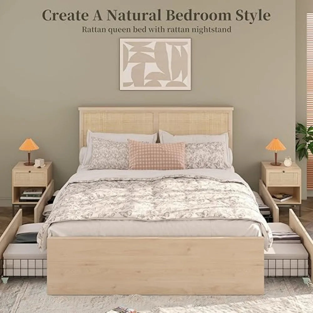 Bed Frame Queen Size with Natural Rattan Headboard and Wooden 4 Storage Drawers, Metal Platform with Strong Wooden Slats Support