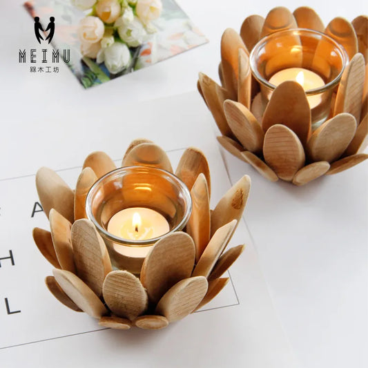 Petal Wood Candlestick Holders Wooden Candle Holder Desktop Ornaments for Living Room or Bathroom Table Decor MIAO