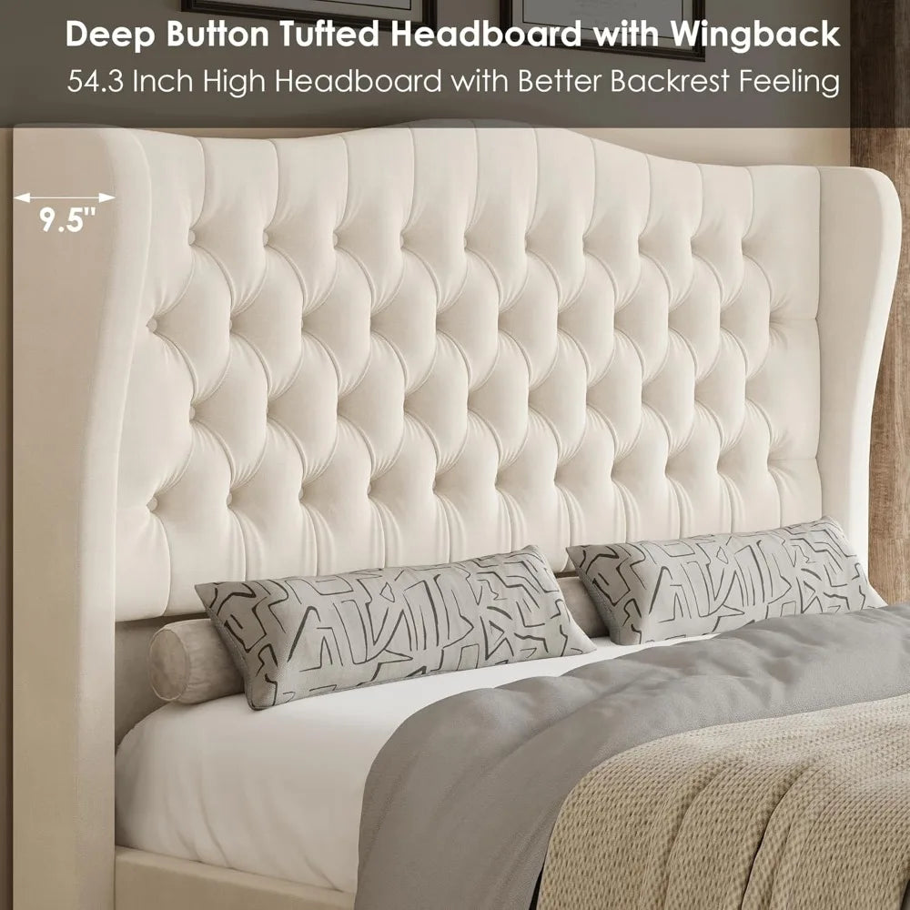 Bed Frame King Size Tall Headboard 54.3", Platform with Deep Button Tufted Wingback Headboard and Footboard, Velvet Upholstered