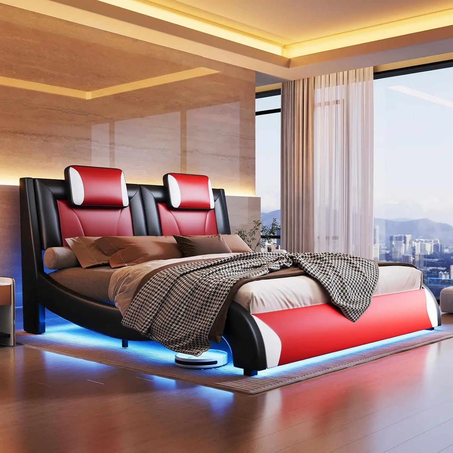 Modern Artificial Leather Floating Queen Size or Full Size Bed Frame, LED Bed Frame, Cushioned Platform, Wave Curve Design