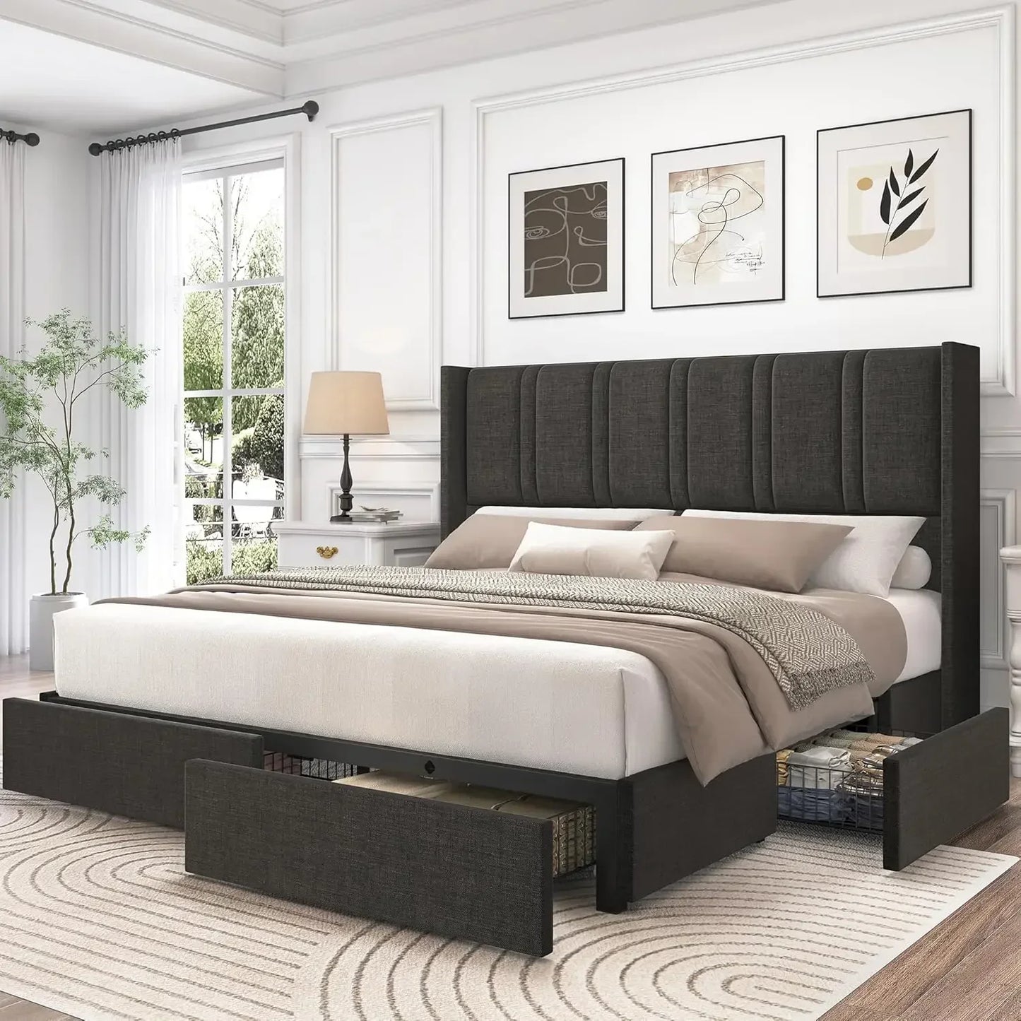 Wingback Headboard King Size or Queen Size, Linen Upholstered Platform Bed Frame with Wooden Slats, Easy Assembly