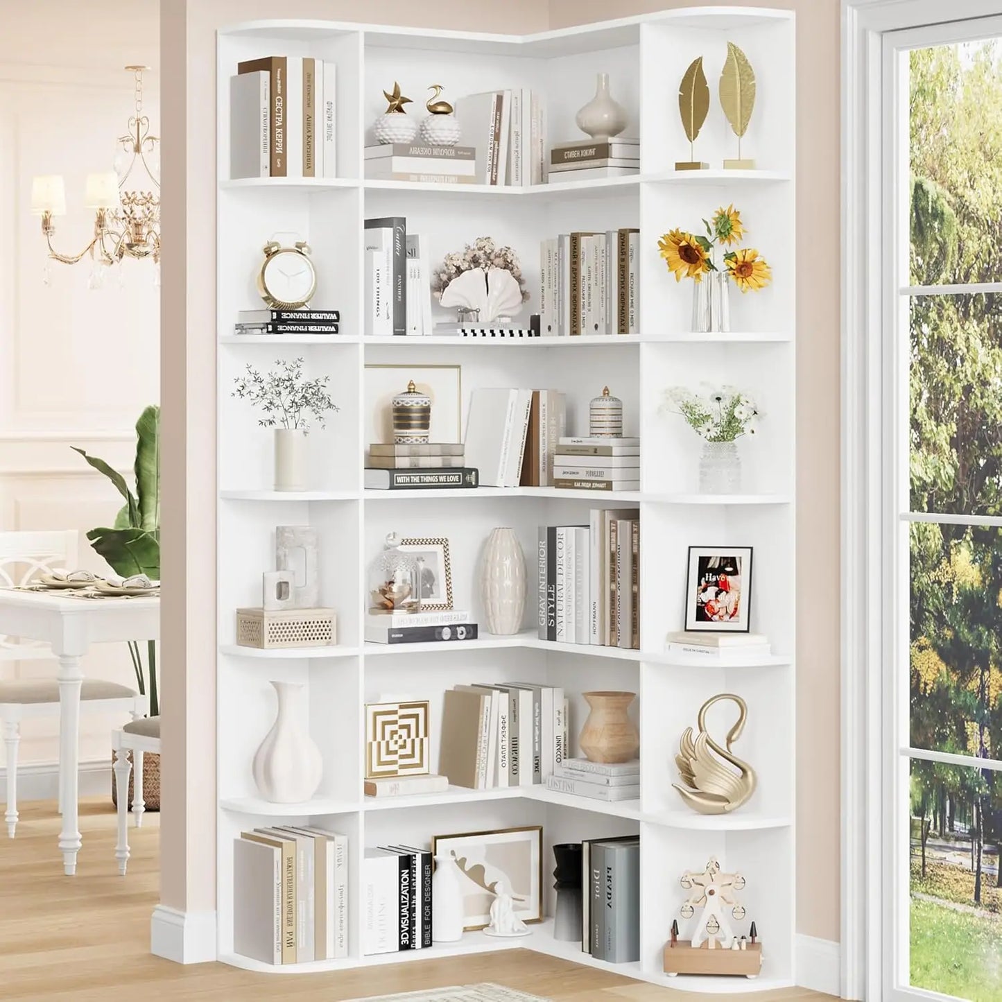 Tall Corner Bookshelf, 6-Tier Bookshelf and Bookcase with Open Storage, L Shaped Tall Bookcases Wooden Storage Shelves 74”