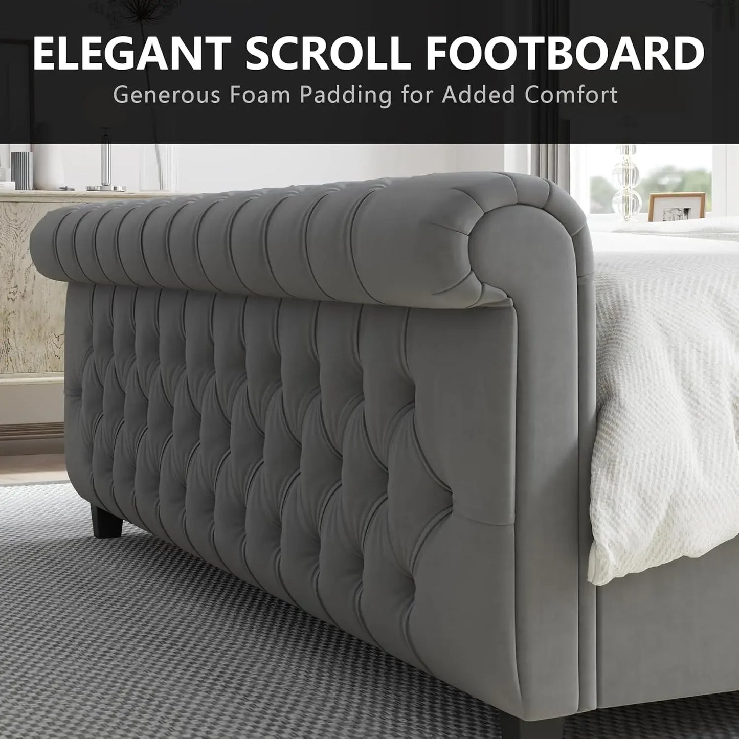 Bed Frame Platform King Size Velvet Upholstered Sleigh Bed with Scroll Wingback Headboard & Footboard/Button Tufted/No Box