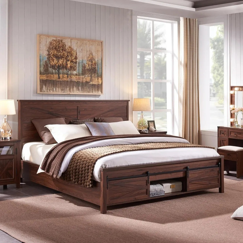 Bed Frame Wood, Queen Size or Full Size  with Sliding Barn Door Storage Cabinets and Headboard, No Box Spring Needed, Bed Frame