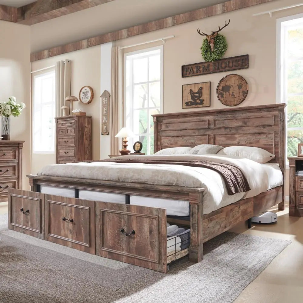 Farmhouse King Size Bed Frame with Roman Column Decoration,with 51" Tall Headboard, Wood Bed Frame with 20" Tall Footboard.