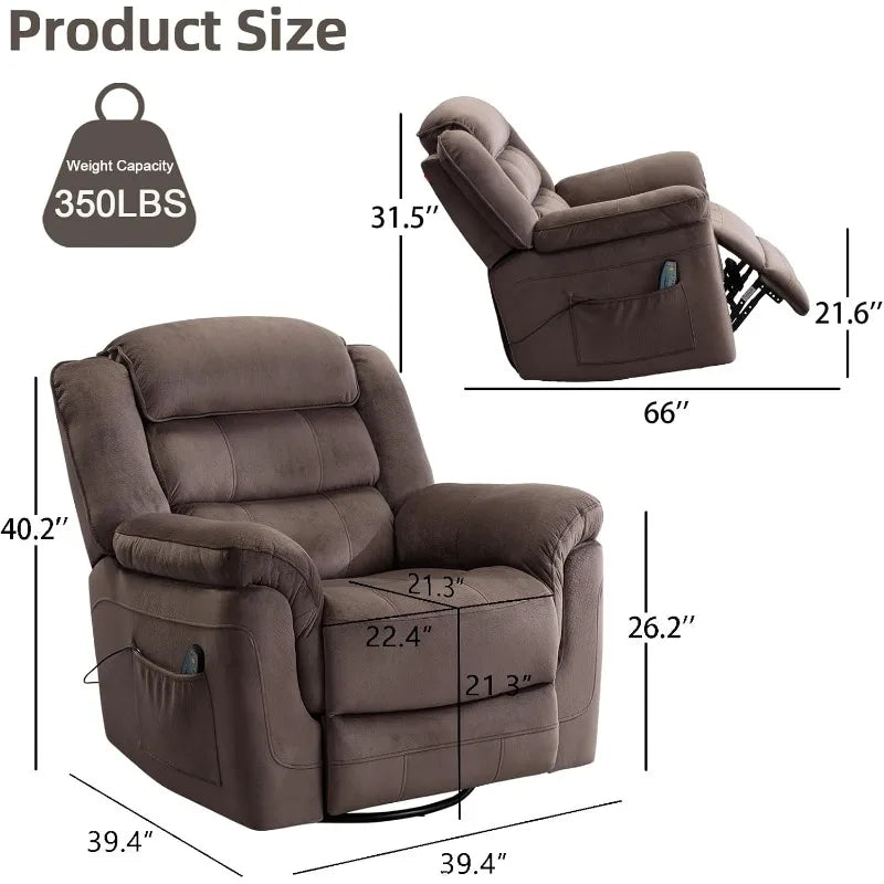 Chair Swivel Rocker Recliner with Massage and Heat, 360° Swivel Recliner Chairs for Adults Recliner, Overstuffed Backrest and Seat