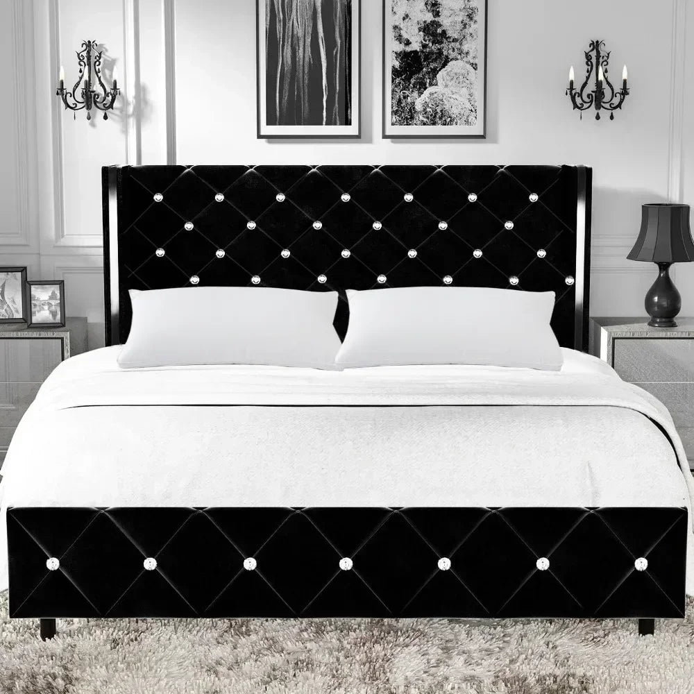 Bed Frame King Size or Queen Size or Full Size with Wingback, Upholstered Beds Frames with Diamond Tufted Headboard and Footboard, No Box Spring Needed