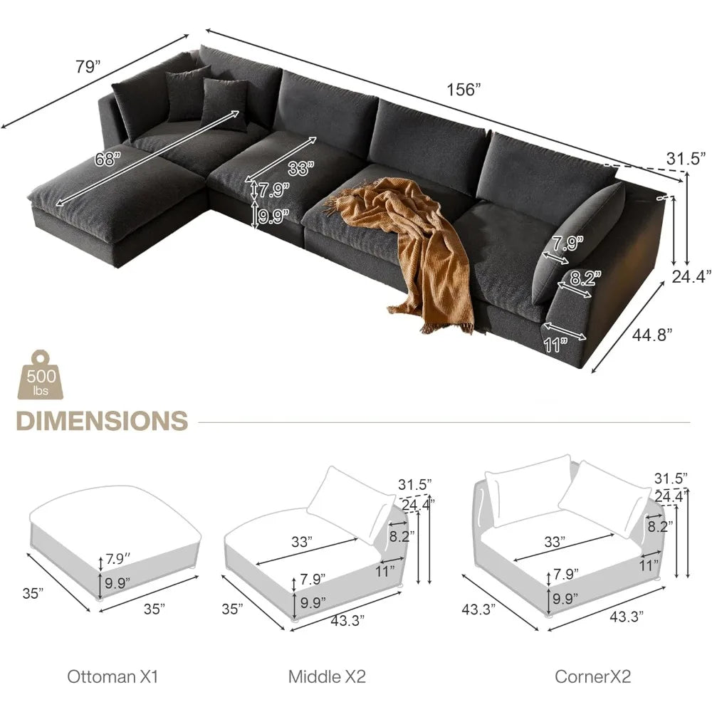 Living Room Cloud Couch Sectional, 156'' Oversized Sectional Sofa Couch, Cloud Modular Couch with Ottoman, Deep Seat Couches for Modern