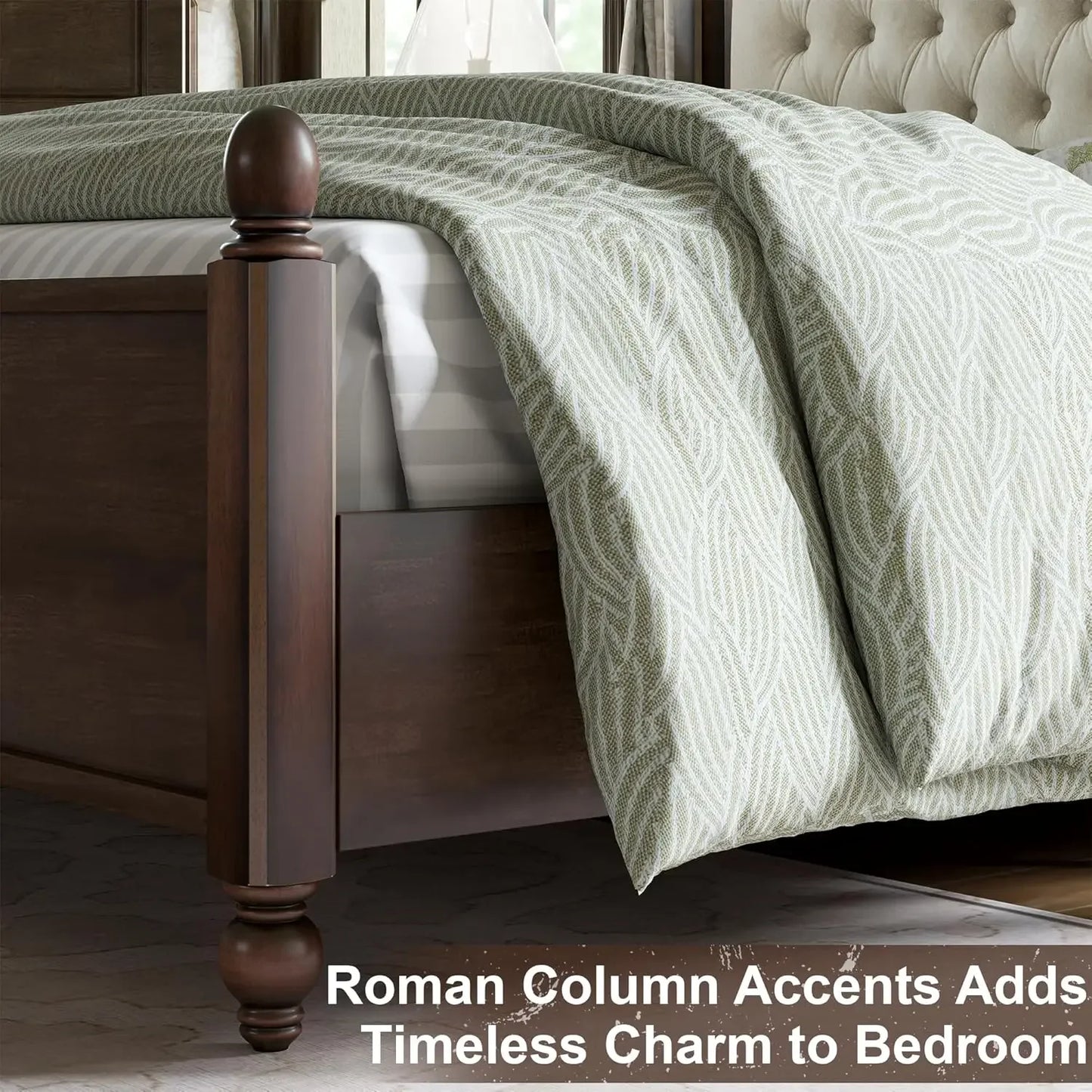 Bed Frame King Size, Solid Wood, Transitional Platform with Headboard, Rubberwood/Roman Column Accents/Wood Slat,Walnut