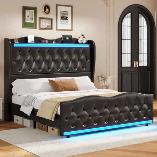 Bed Frame King Size or Queen Size with Tall Headboard with LED Lights & Charging Station, Upholstered Wing Headboard & Footboard, Bed