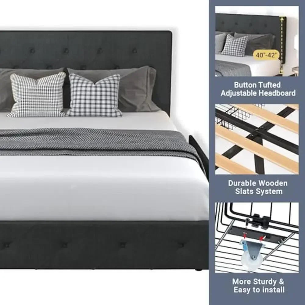 Bed Frame King Size Upholstered Platform with 4 Storage Drawers and Adjustable Headboard Modern Diamond Stitched Button-Tufted