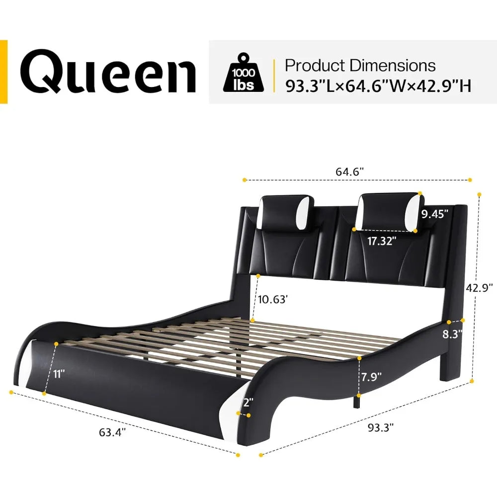 Modern Artificial Leather Floating Queen Size or Full Size Bed Frame, LED Bed Frame, Cushioned Platform, Wave Curve Design