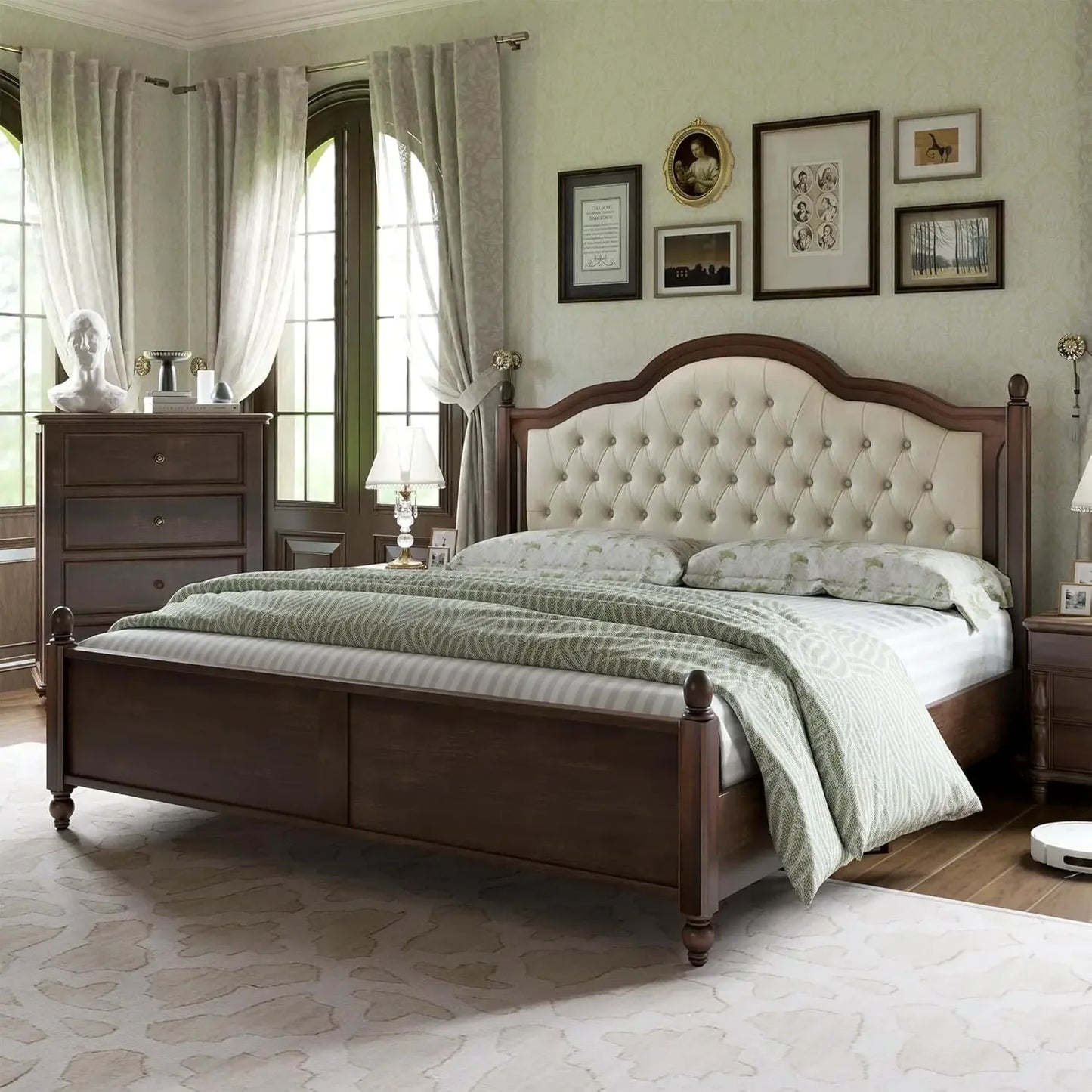 Bed Frame King Size, Solid Wood, Transitional Platform with Headboard, Rubberwood/Roman Column Accents/Wood Slat,Walnut