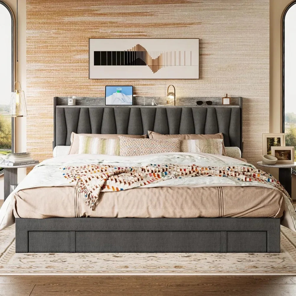 Bed Frame King Size or Queen Size with Storage Headboard and Charging Station, Platform Bed with 3 Drawers, No Box Spring Needed, Easy Assembly