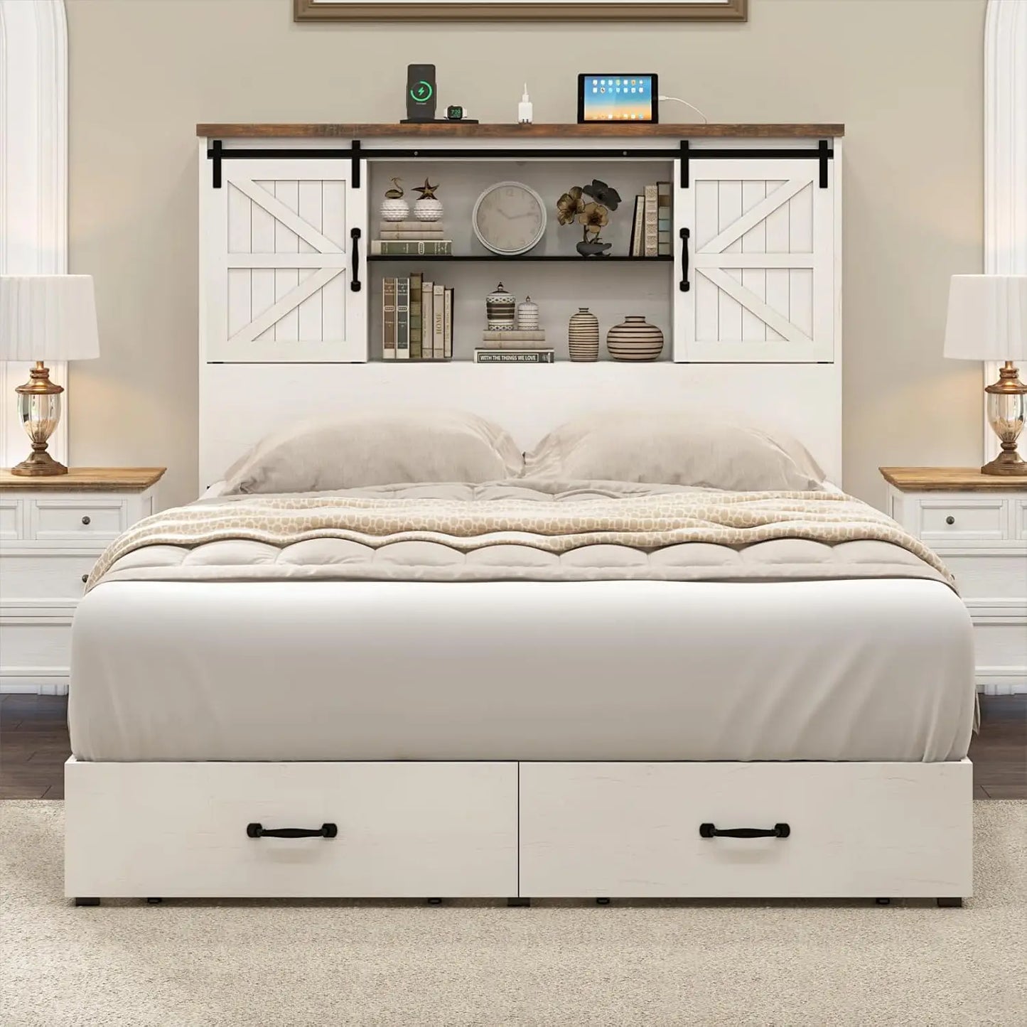 Wood Platform Bed Frame King Size with 51.2" Bookcase Headboard, Storage Bed with Sliding Barn Door Charging Station 2 Drawers