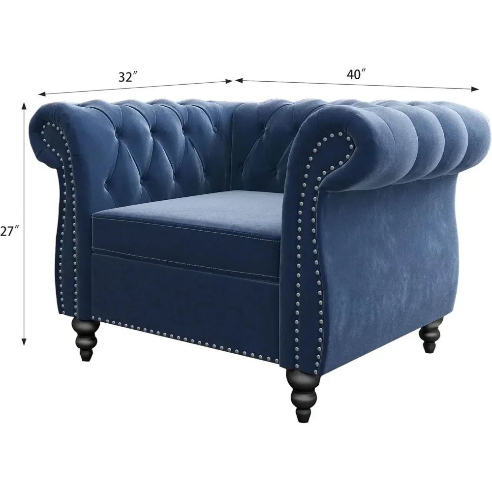 Chair, Modern Velvet Tufted Accent Chair with Scroll Arms and Nail head, Chesterfield Chair