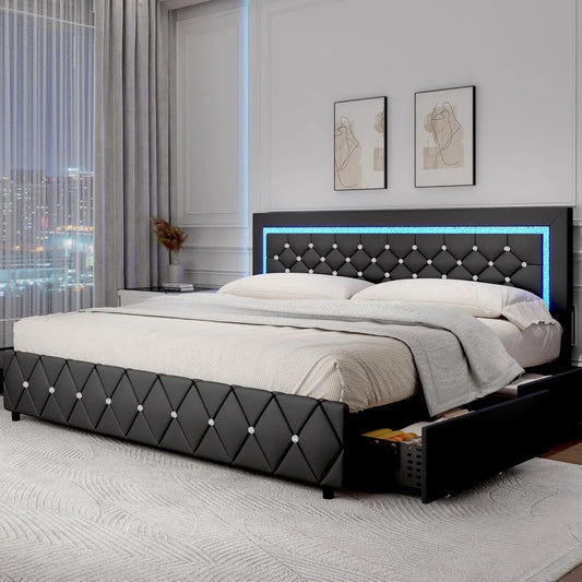 Bed Frame King Size with LED Lights and Storage Drawers, Upholstered Platform Bed with Crystal Tufted Headboard, Wooden Slats