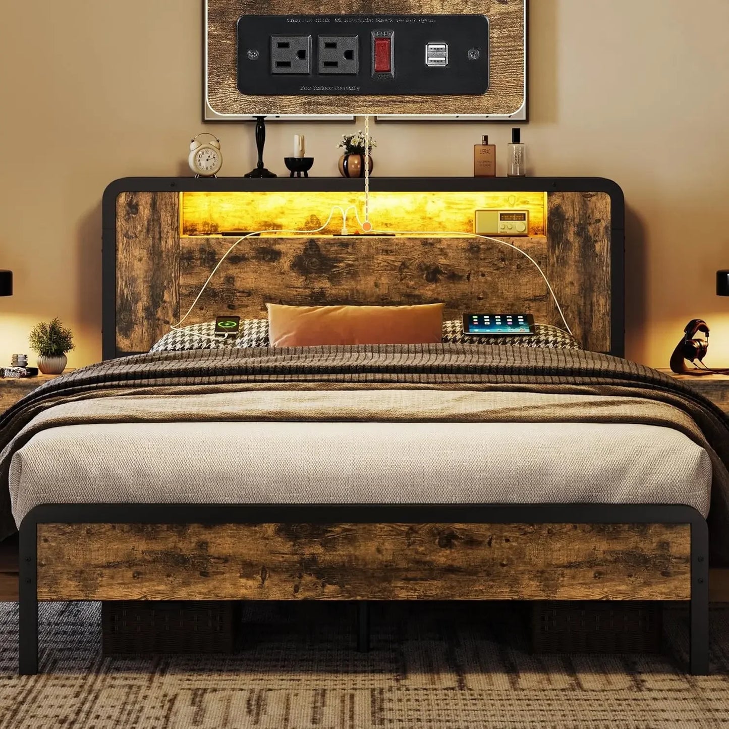 Bed Frame Queen Size or Full Size Bed with Wooden Headboard/Footboard, Storage Space and Adjustable LED Light, Mattress Foundation